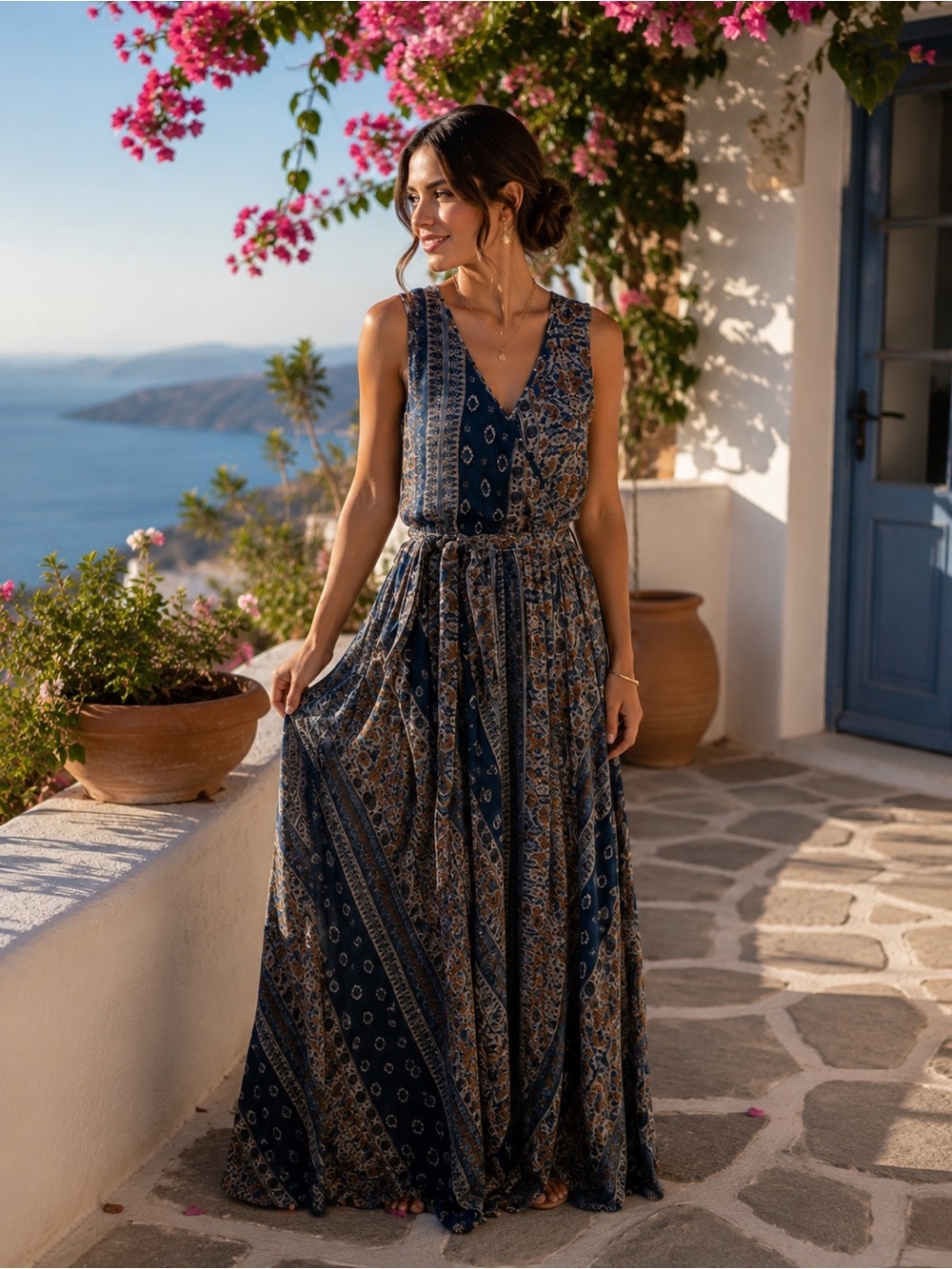 Vici Blue & Brown Printed Sleeveless Maxi Dress
